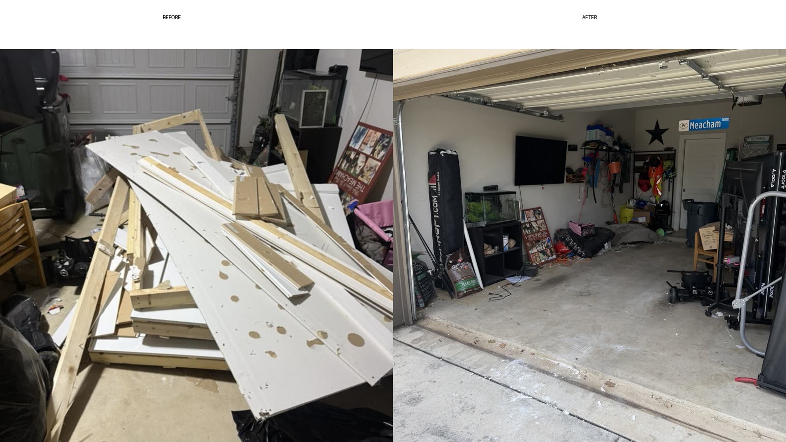 Garage before and after junk removal by Black Helmet Junk Removal