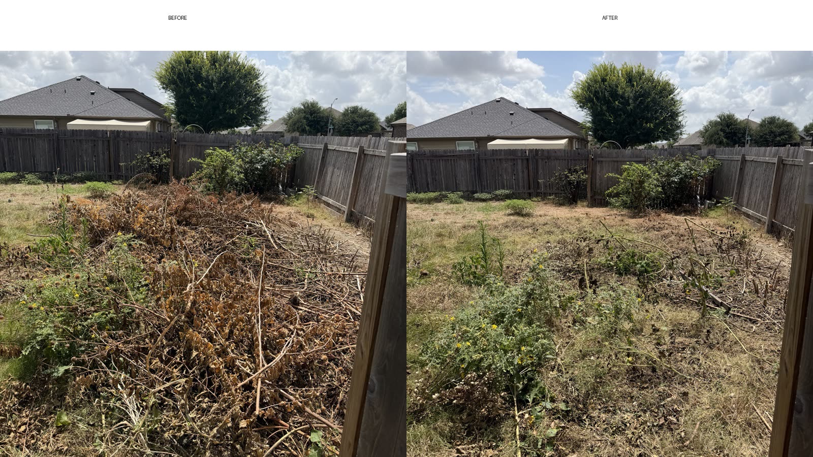 Backyard before and after debris removal by Black Helmet Junk Removal